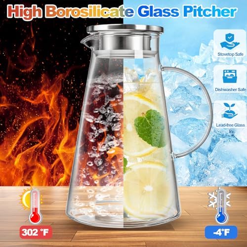 Nicunom 2 Pack 68 oz Glass Pitcher with Lid, BPA-Free Glass Water Jug
