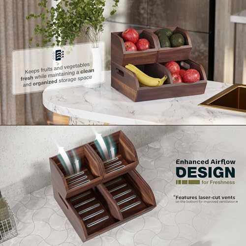 Acacia Wood Pantry Storage Bins - Stackable Open Front Kitchen Baskets