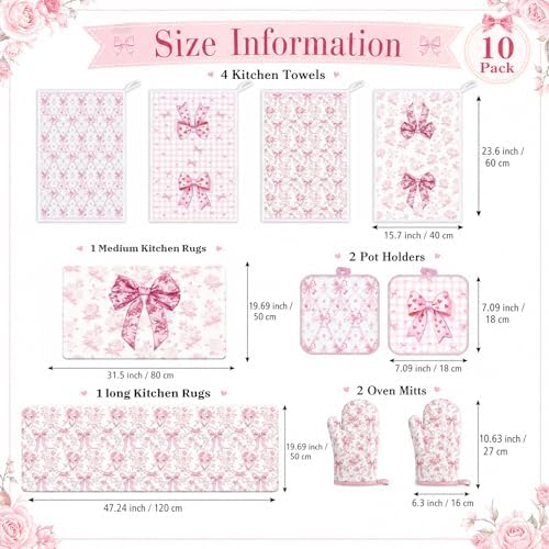 Pink Bows Kitchen Decor Set, 10 Pcs Coquettte Bow Home Accessories
