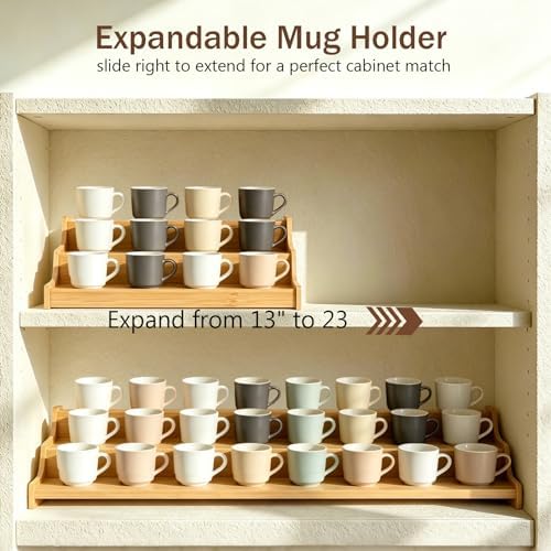 13” to 23” Expandable Bamboo Mug Holder, Countertop Cup Display Rack