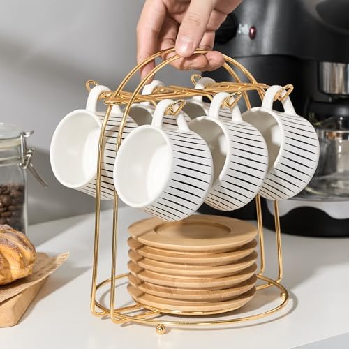 LUKA Ceramic Coffee Espresso Cups with Saucers Set with Metal Holder
