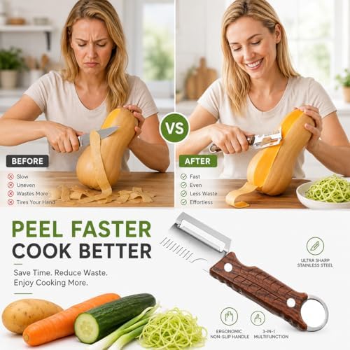 2Pack 3-in-1 Vegetable Peeler with Faux Wood Handle, Stainless Steel