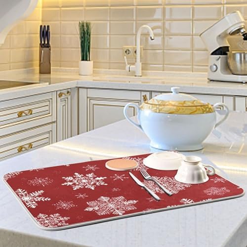 OTVEE Snowflake Red Aesthetic Dish Drying Mat for Kitchen Counter