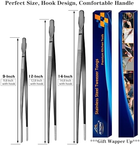 JETKONG 9 12 14 Inch Extra Long Kitchen Tweezers Heavy Duty Stainless