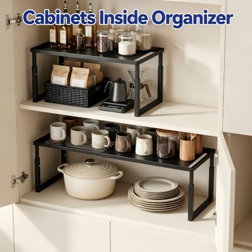 2 Packs Expandable Cabinet Shelf Organizer, Stackable Countertop Shelves