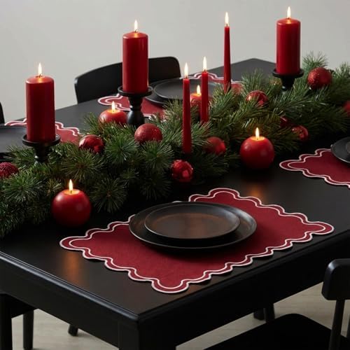 HunnmingRe Burgundy with White Scalloped Placemats Set of 6, Rectangle