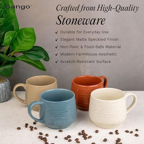 Sango 17.5 oz Stoneware Coffee Mugs Set of 4, Rustic Ceramic Mug with