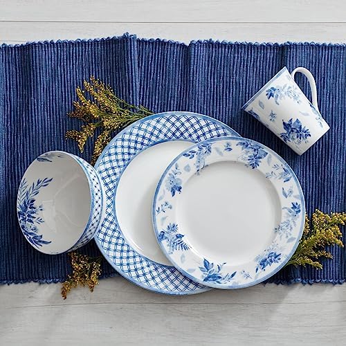 Mikasa Kiley Bone China Lightweight Chip Resistant 16 Piece Dinnerware Set, Service for 4,Blue and White