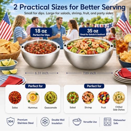 Chilled Serving Bowls with Silicone Lids, 18 oz & 35 oz Stainless Steel Dip Chiller Set to Keep Food Cold, Double Wall Freezer Bowls with Spoon and Fork for Parties, Salads and Seafood
