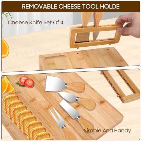 TURIMON Bamboo Charcuterie Board Set - Cheese Serving Platter with 4 Stainless Steel Knives and Fruit Tray - Elegant Cheese Board for Parties, Weddings, and Home Entertaining