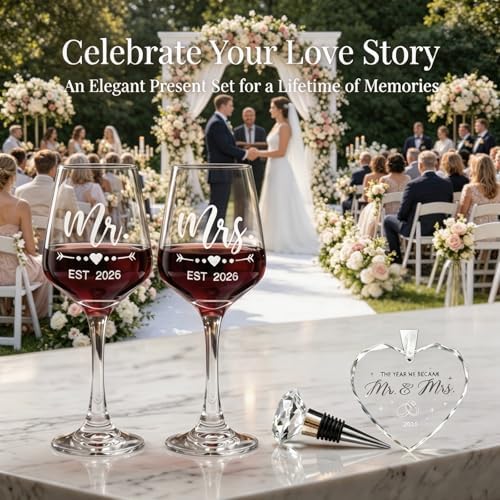 DHQH Mr and Mrs Wine Glasses Gift Set, Engagement Wedding Gifts for