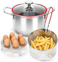 Deep Fryer Pot with Basket, Cooking Pot with Strainer Basket, 4.0L/4.2QT Multi-function Pot with Anti-scald Handle, Egg Steamer Rack & Lid, Stainless Steel Cookware for Home Kitchen Outdoor Camping