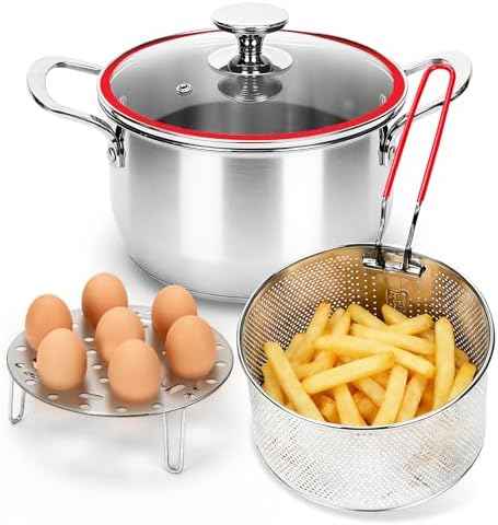 Deep Fryer Pot with Basket, Cooking Pot with Strainer Basket, 4.0L/4.2QT Multi-function Pot with Anti-scald Handle, Egg Steamer Rack & Lid, Stainless Steel Cookware for Home Kitchen Outdoor Camping