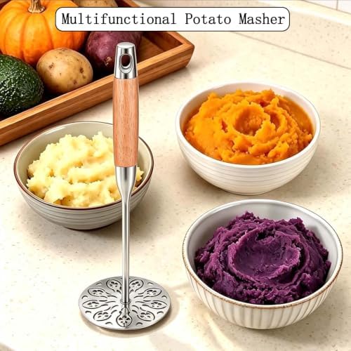 Potato Masher Stainless Steel,Wood Handle Food Smasher Kitchen Tool