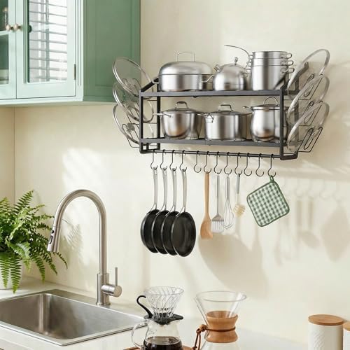30"Pot Rack Wall Mounted with 6 Pot Lid Holders,12 Hooks for Hanging Pans