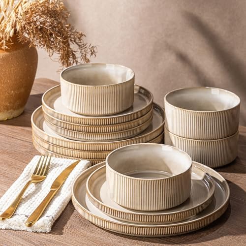 GBHOME Stoneware Dinnerware Sets for 4,12-Piece Plates and Bowls Set