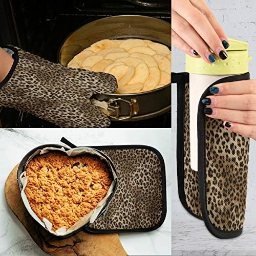 QMXO Animal Leopard Skin Oven Mitts Quilted Cotton Lining Potholders