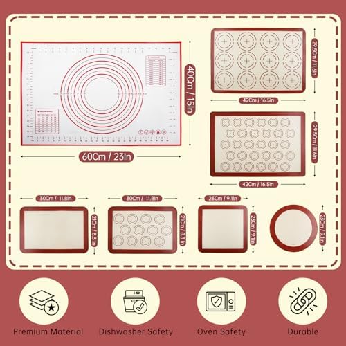 Non-stick Silicone Baking Mat Set of 7, Red