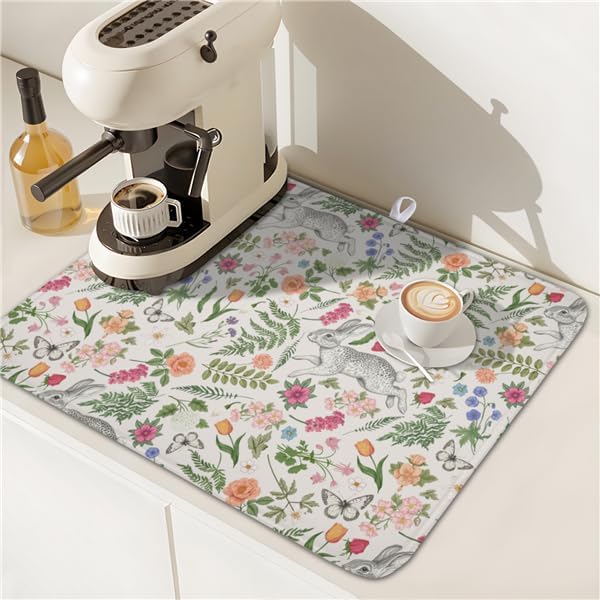 Easter Bunny Dish Drying Mat for Kitchen Counter, Colorful Flowers Sage Green - Image 6