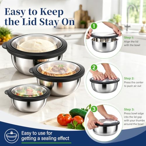 P&P CHEF Mixing Bowls with Lids Set of 3, Black Stainless Steel Salad Bowl