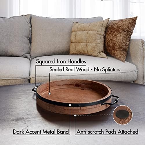 Round Coffee Table Tray|13'' Farmhouse Wood Serving Tray with Metal