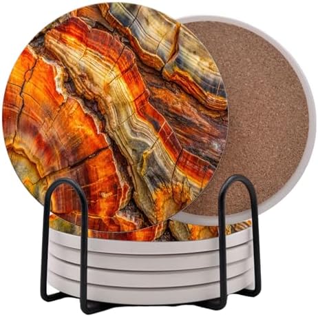 Petrified Wood Agate Round Coasters Set of 6 - Abosrbent Ceramic