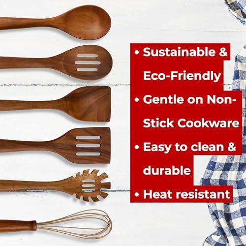6-Piece Natural Teak Kitchen Utensil Set with Linen Bag