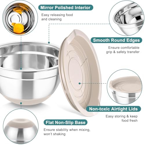 TeamFar Mixing Bowls Set of 5, Stainless Steel Nesting Salad Bowl with