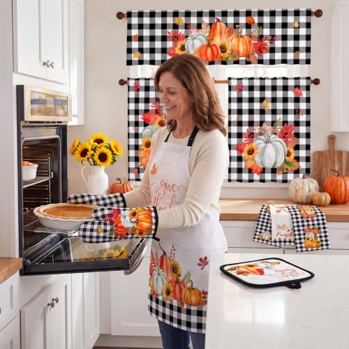 Tiamon 17 Pcs Fall Kitchen Set, Buffalo Pumpkin, Curtains Apron Mitts
