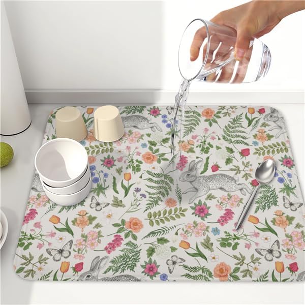 Easter Bunny Dish Drying Mat for Kitchen Counter, Colorful Flowers Sage Green - Image 5