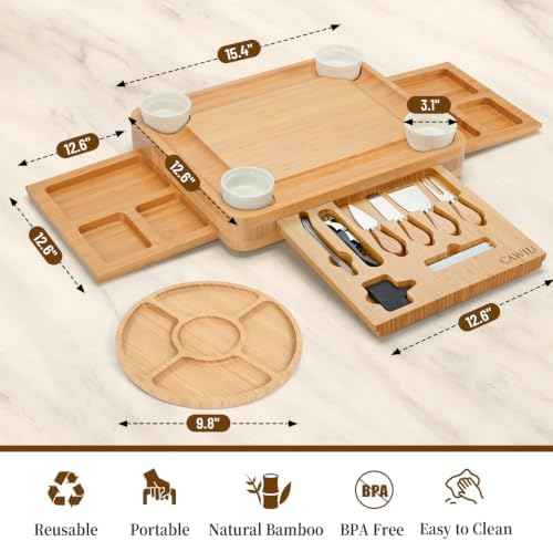 CAWIU Large Bamboo Charcuterie Board Set with Lid, Drawers, Cream