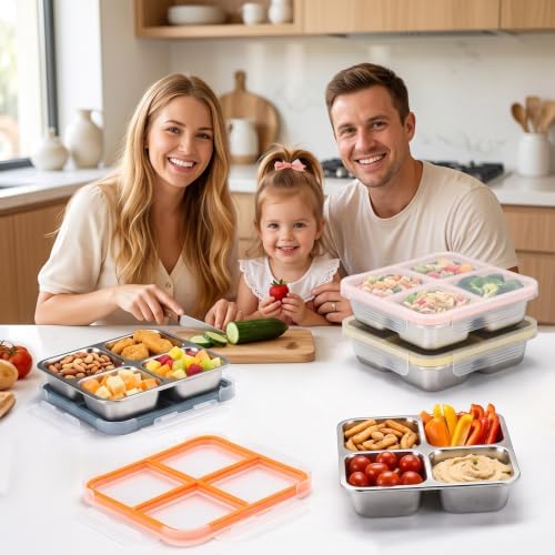 4 Pack Stainless Steel Snack containers, Leak-Proof, 4 Compartments, 3