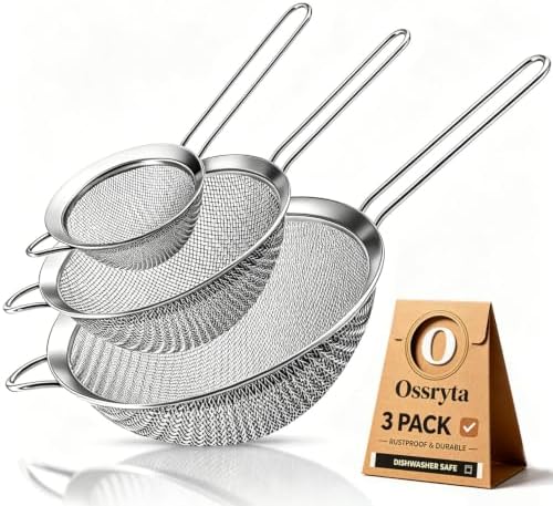 Fine Mesh Strainer Set of 3 - Stainless Steel Sieve with Handles for