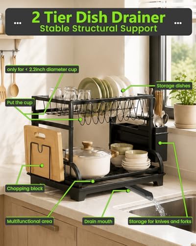 2-Tier Foldable Dish Drying Rack with Drainboard