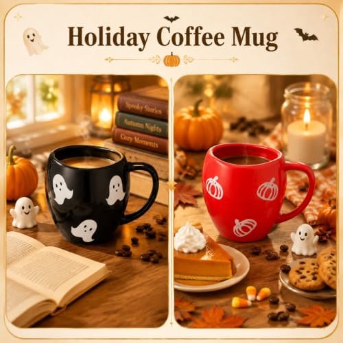 Newtay 2 Pack Ghost & Pumpkin Coffee Mugs, 13 oz Ceramic Cups for