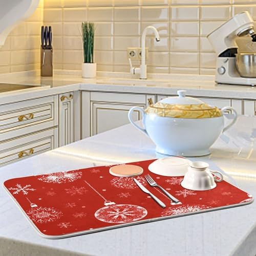 OTVEE Snowflakes and Baubles Dish Drying Mat for Kitchen Counter
