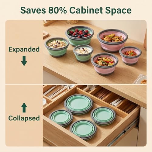 Collapsible Silicone Bowls with Lids, 3 Pack Food Grade Foldable