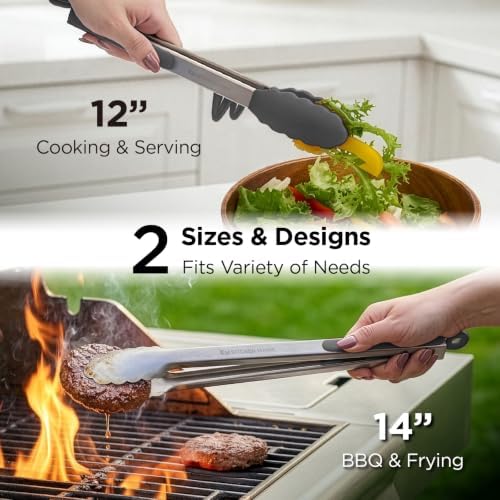 Kitchen Mama DuoEssentials Cooking Tongs Set, Metal Gray