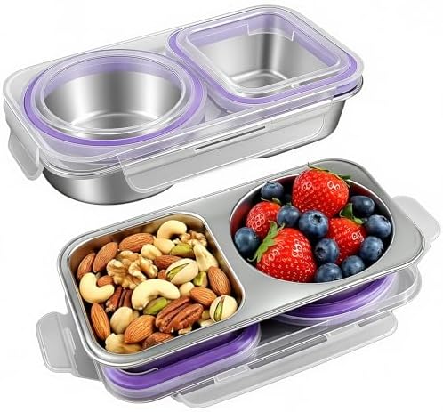 Stainless Steel Snack Containers with Lid, Reusable 2 Compartment