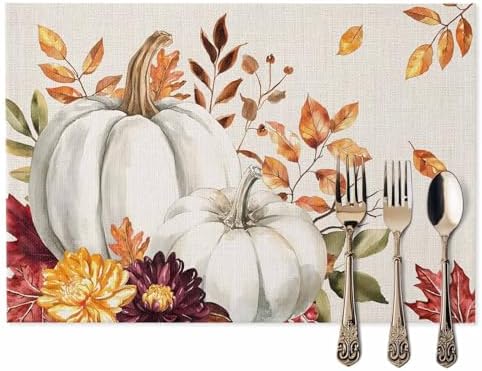 Pumpkin Maple Leaf Fall Placemats Set of 6, Cotton Linen Thanksgiving