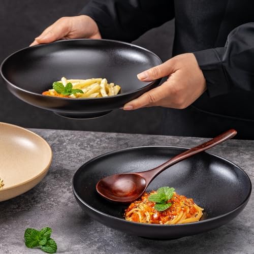 Ceramic Serving Bowls with Wooden Spoons Set of 2, Large Serving Bowl