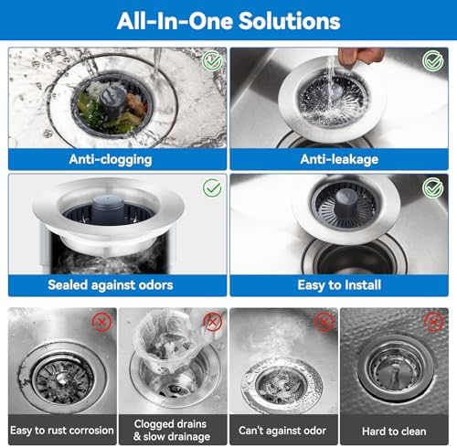 3-in-1 Kitchen Sink Drain Strainer, Stainless Steel Pop Up Kitchen