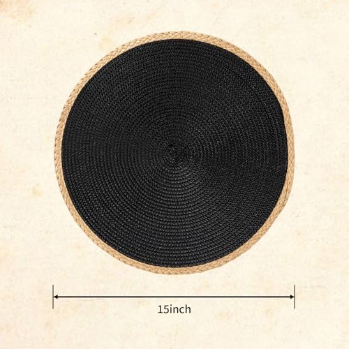 Round Weave Placemats Set of 6, Black with Beige Woven Edge, 15 Inch