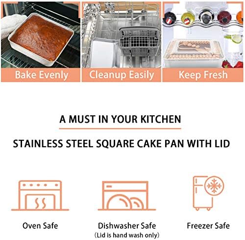 TeamFar 8x8 Inch Baking Pan with Lid, Stainless Steel Square Cake Pan