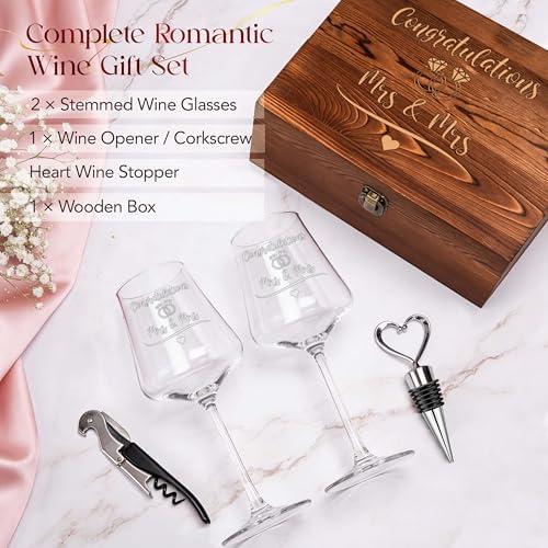 Congrats Mrs. & Mrs. Wedding Wine Glass Set, Lesbian, Wooden Box