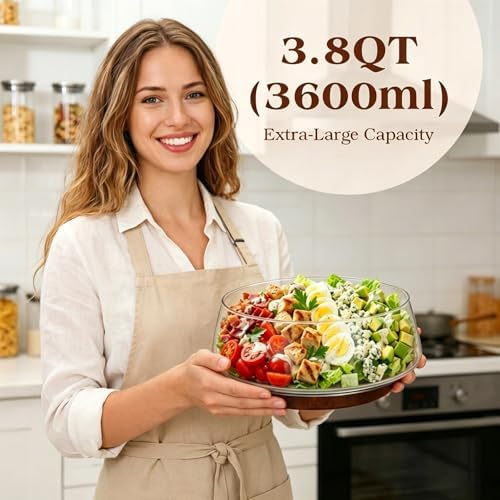 121oz Large Glass Salad Bowl with Wood Base & Spoons
