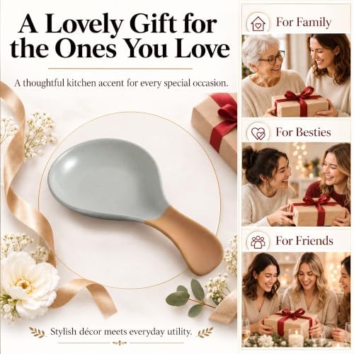 Ceramic Spoon Rest, Speckled Grey Farmhouse Utensil Holder, 8.3 in