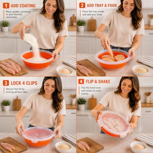 Breading Bowl Shaker with Locking Lid, Collapsible Batter Bowl for