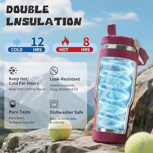 30oz Flip Straw Insulated Water Bottle with Handle, Leak Proof