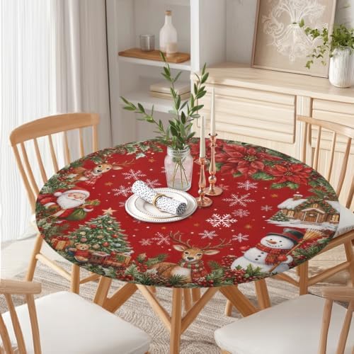 Christmas Red Round Fitted Tablecloth with Elastic for 40-44" Tables